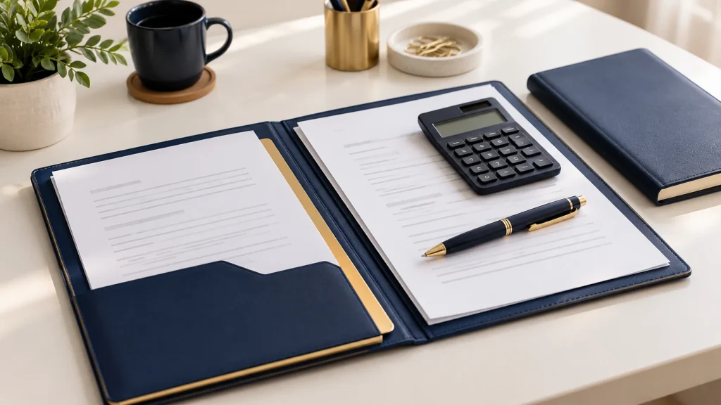 Financial planning documents with a calculator and navy-and-gold stationery.